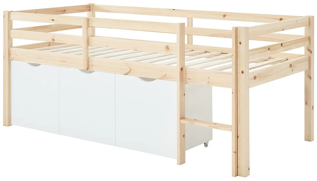 Łóżko podwyższone  90 x 190 cm z miejscem do przechowywania - Sosna i MDF - Kolor: Naturalny i biały - LANIORI