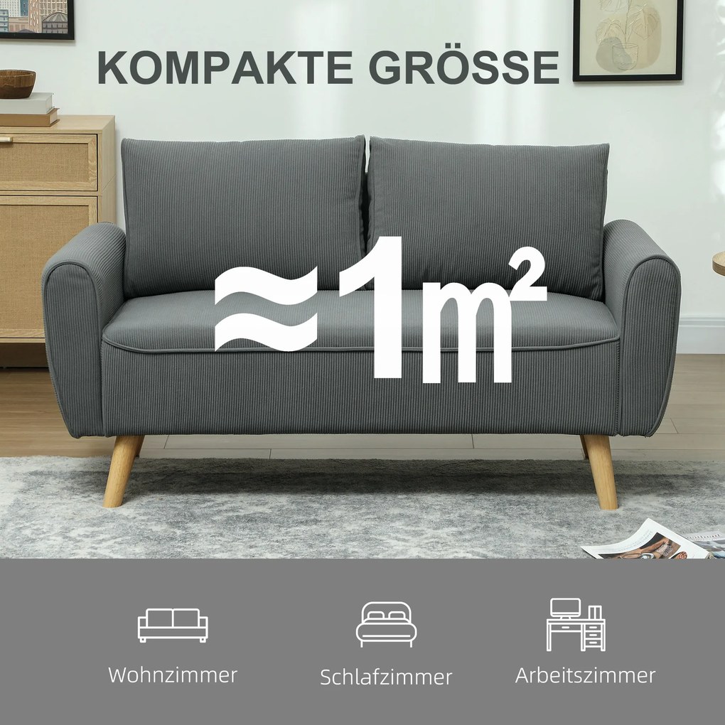 HOMCOM Dwumiejscowa Sofa, Kanapa z Tkaniny, 2 Poduszki Tylnie, Pokrycie z Sztruksu, 145 x 75 x 78 cm, Antracyt