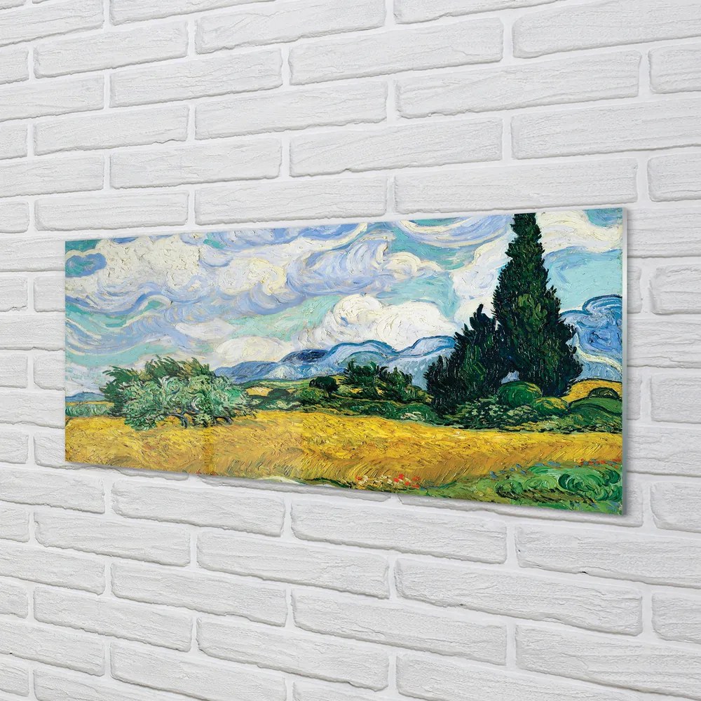 Szklany Panel Pole Pszenicy z Cyprysami - Van Gogh