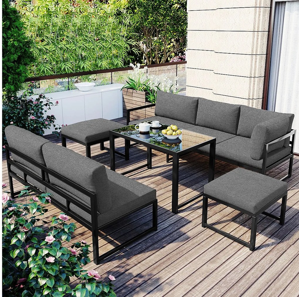 Zestaw mebli ogrodowych modułowych metalowych: 1 sofa 3-osobowa podnoszona + 1 sofa 2-osobowa + 2 stołki + 1 szklany stolik kawowy - Szary + czarny