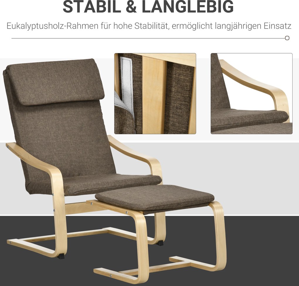 HOMCOM Fotel Relaksacyjny z Podnóżkiem Brązowy Lniany Pokrycie Drewniana Rama Wygodne Siedzisko z Podłokietnikami | Aosom PL