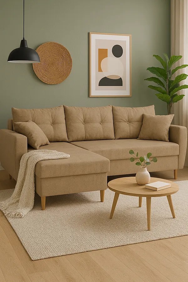 Narożnik z funkcją spania lewostronny  ROMEO L, tkanina Manila 21 beżowa, 234x156x74 cm