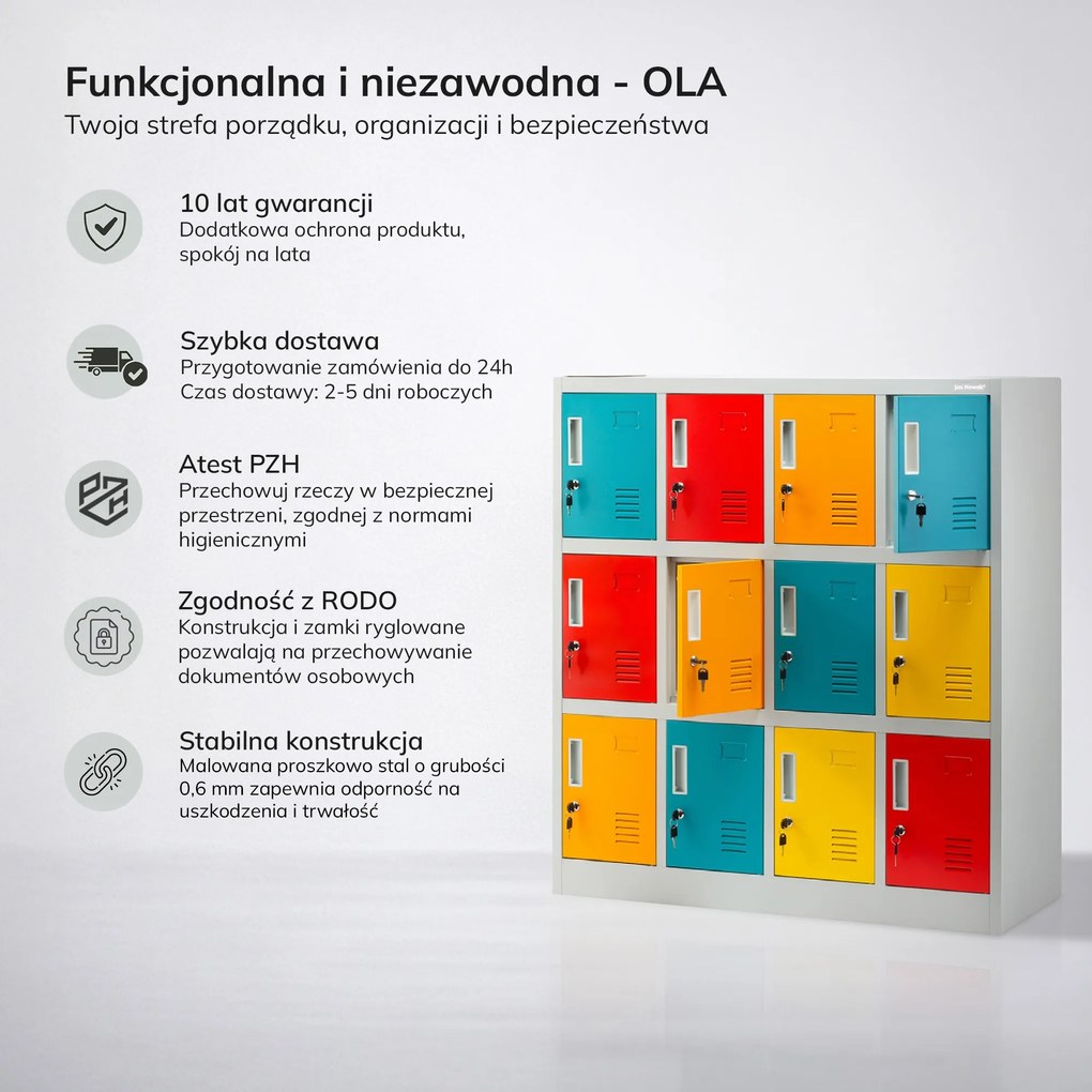Socjalna szafa skrytkowa BHP do szkół i przedszkoli OLA, 1090 x 1200 x 450 mm, szaro-wielokolorowa