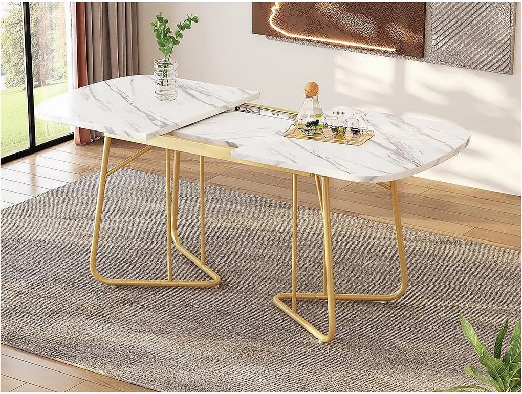 Rozkładany stół jadalny dla 4 do 6 osób z MDF i metalu - blat w efekt marmuru - Biały i Złoty