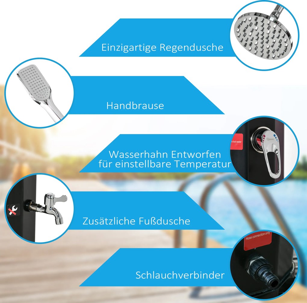 Outsunny Zasilany energią słoneczną prysznic na zewnątrz, prysznic solarny, czarny, 17,5 x 14,5 x 216 cm
