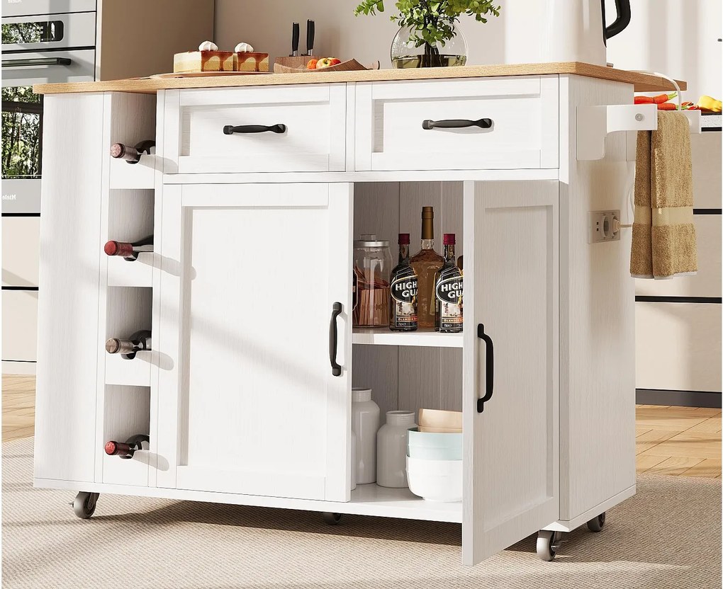 Wyspa kuchenna - wózek na kółkach z gniazdami - z rozkładanym blatem - 2 drzwi, 2 szuflady i wino - Biały