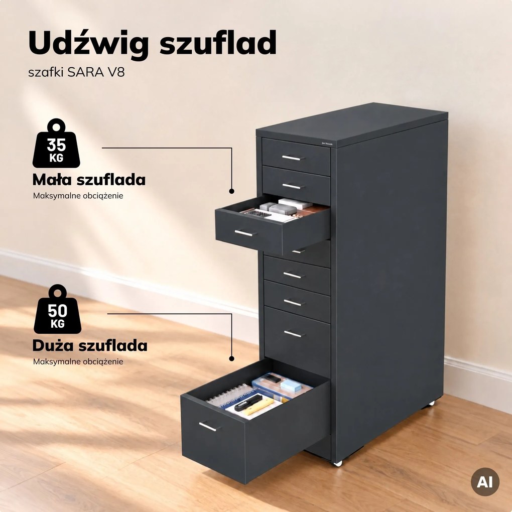 Szafka kartotekowa na kółkach, metalowa, 8 szuflad, na dokumenty, antracytowa, 300x1100x600 mm: SARA V8