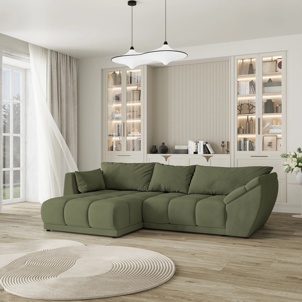 Masseno Narożnik ORENTI z funkcją spania i pojemnikiem na pościel Narozniki L, Rozkładana sofa - Zielony, MATT VELVET 38