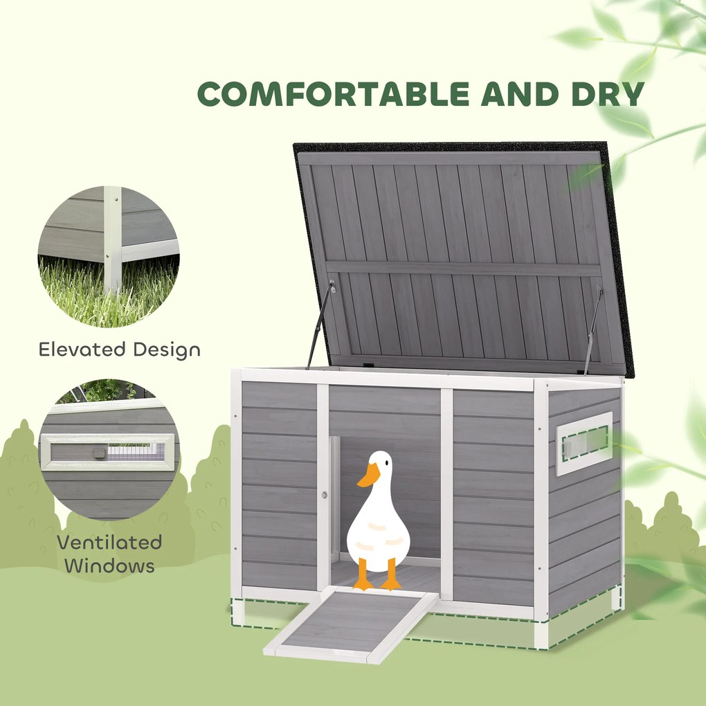 PawHut Domek dla kaczek odporny na warunki atmosferyczne z drewna z wyjmowanym spodem, przesuwanymi oknami, otwieranym dachem asfaltowym, 93x70x72cm, szary | Aosom PL