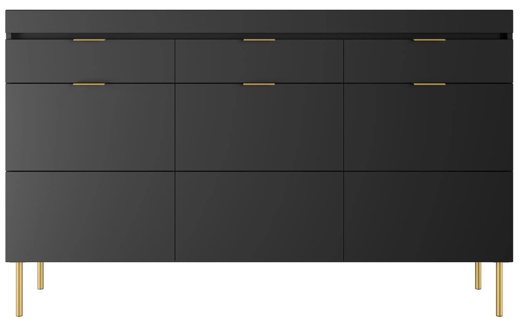 Komoda trzydrzwiowa Sentia 157 cm z trzema szufladami - czarny / złoty