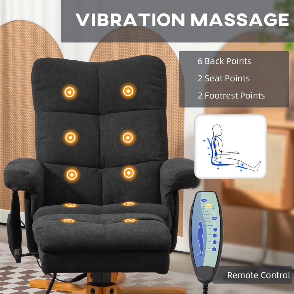 HOMCOM Fotel Masujący z Funkcją Leżenia i Podnóżkiem, Nachylenie 145°, Poliester, 80 x 86 x 99 cm, Czarny