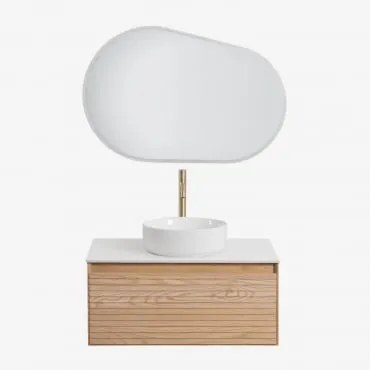 Zestaw Wiszących Mebli Łazienkowych Z Drewna Jesionowego Tedrik Popielaty Brąz & Okrągły Ceramiczny Biały Ø40 - Sklum