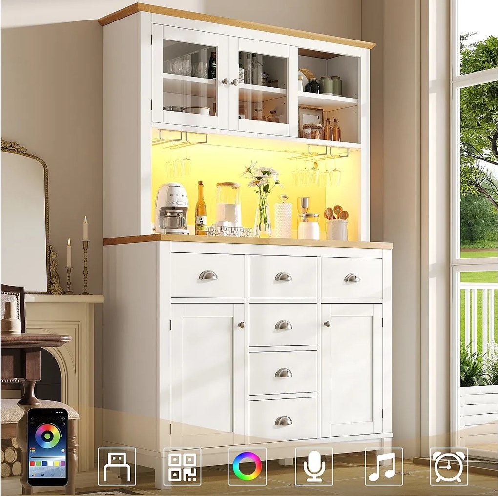 Kredens kuchenny w stylu rustykalnym - 104 x 40 x 180 cm - z drzwiami, diodami LED, półkami i szufladami - płyta MDF - biały