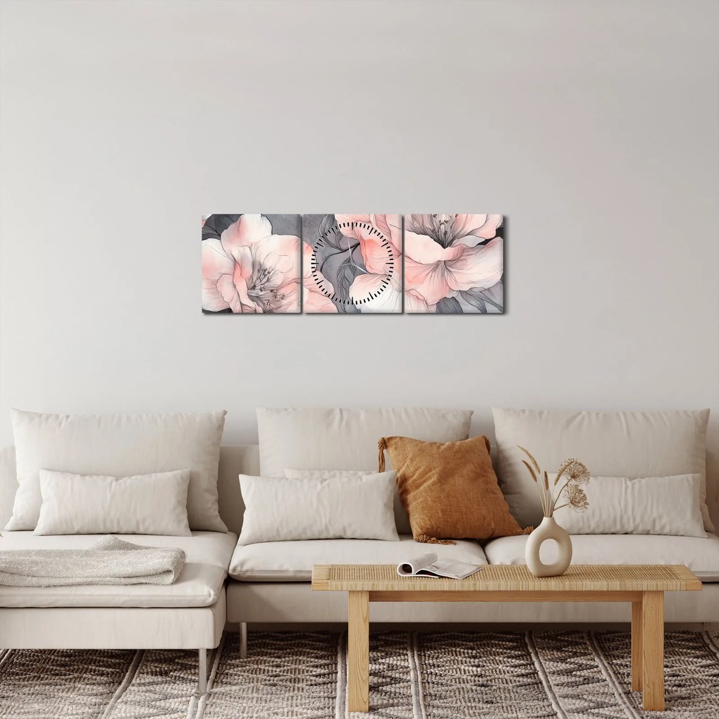 Obraz - Szkic kwiatów (z zegarem) (90x30 cm)