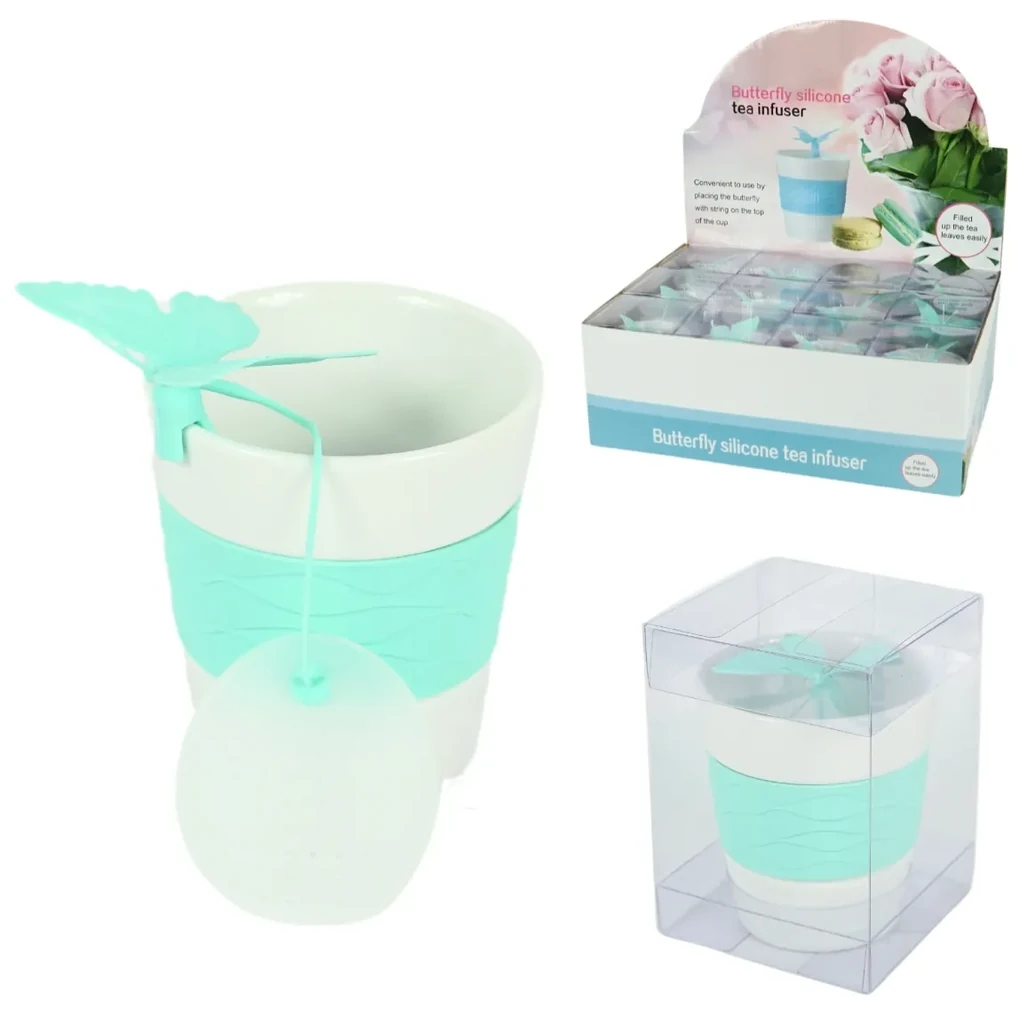 Porcelanowy kubek SILICONE BUTTERFLY z sitkiem do herbaty 280 ml, zielony