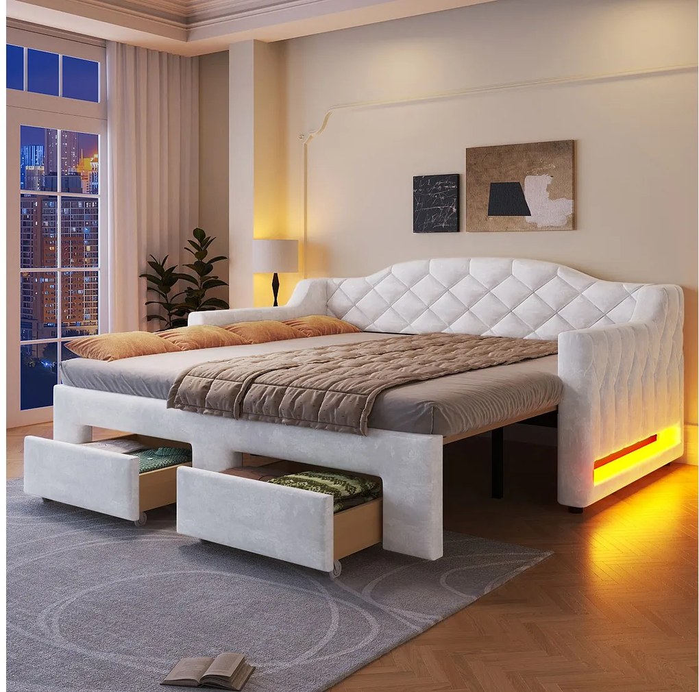 Tapicerowane łóżko dzienne z wysuwaną szufladą - 90/180 x 200 cm - z diodami LED + 2 szuflady - MDF - białe