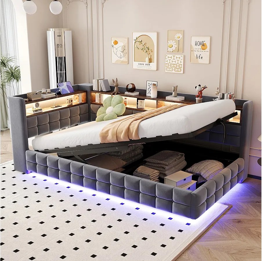 Łóżko dziecięce z pojemnikiem - 90 x 200 cm - sofa tapicerowana z funkcją spania, z hydraulicznym pojemnikiem + półka + diody LED - welur - szary