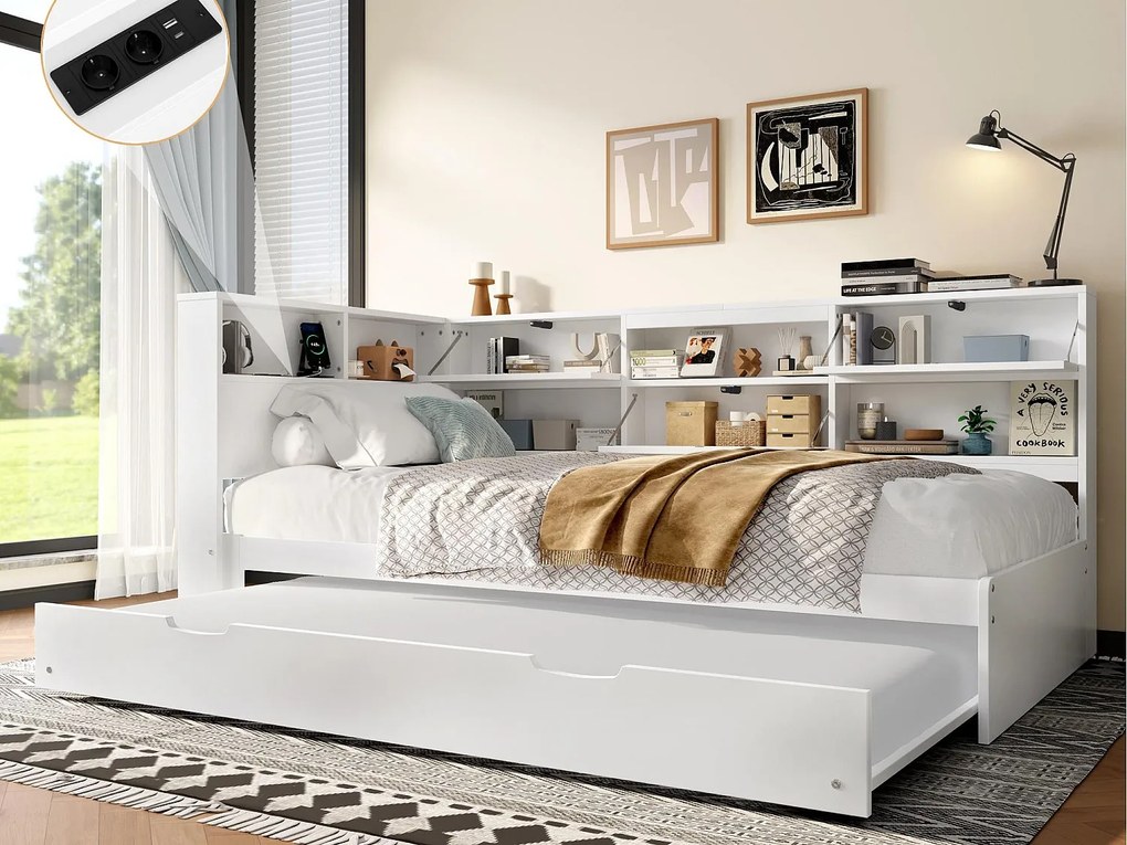 Sofa z łóżkiem 90×200 cm - z USB + Type-C - ze schowkiem - z łóżkiem wysuwanym - biała (materac nie jest zawarty)