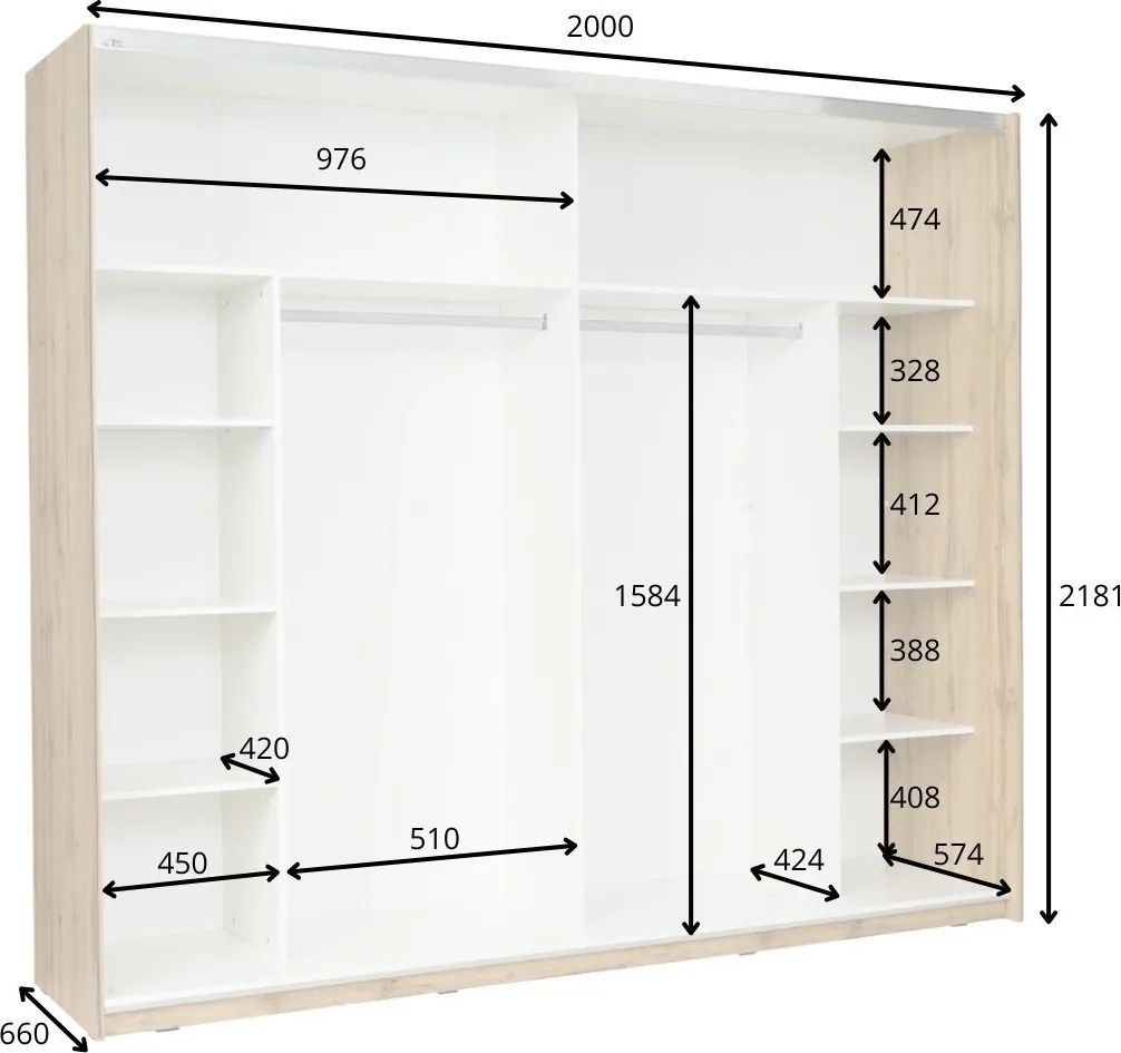 Szafa Przesuwna OSVIN 200 cm z Lustrem Szafa Dwudrzwiowa, Bialy