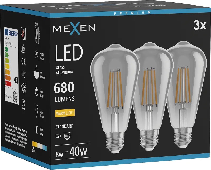 Mexen Vintis 3x żarówka filament LED E27, ST64, 8W, Ciepła - 2700K, 680 lm, smoke - L152-E27-0827-70x03