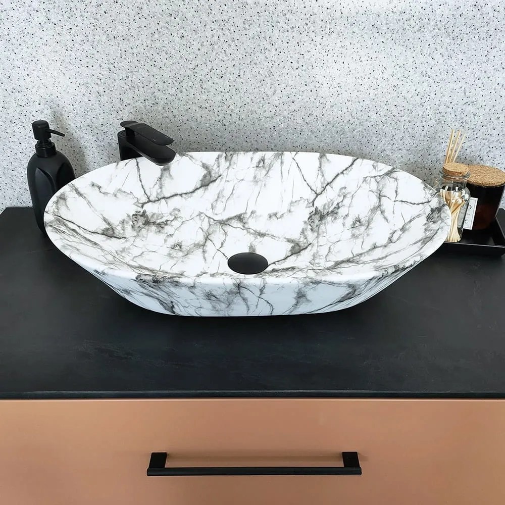 Umywalka  ceramiczna nablatowa owalna marmurowa biała bez otworu na baterię 60 x 42 cm MARMO White