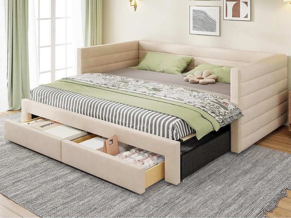 Kanapa rozkładana tapicerowana 90×190 cm - z 2 szufladami - ze stelażem listwowym - beżowa (materac nie jest zawarty)