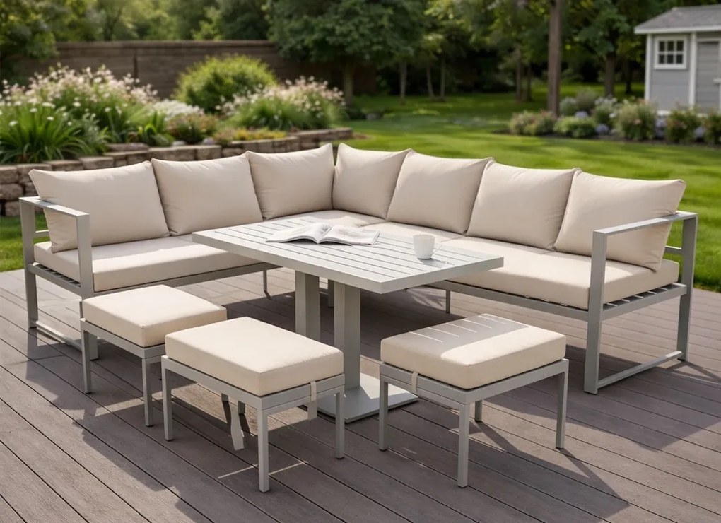 Narożnik ogrodowy Bellagio NM21-G-GR z pufami i ławostołem, szary, poduszki beżowe