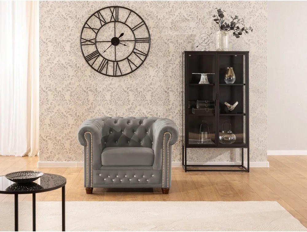 Szary aksamitny fotel typu chesterfield York Blik – Ropez