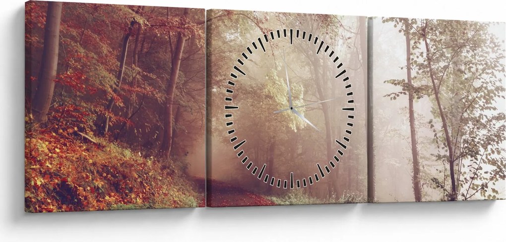 Obraz - Jesienny spacer po lesie (z zegarem) (90x30 cm)