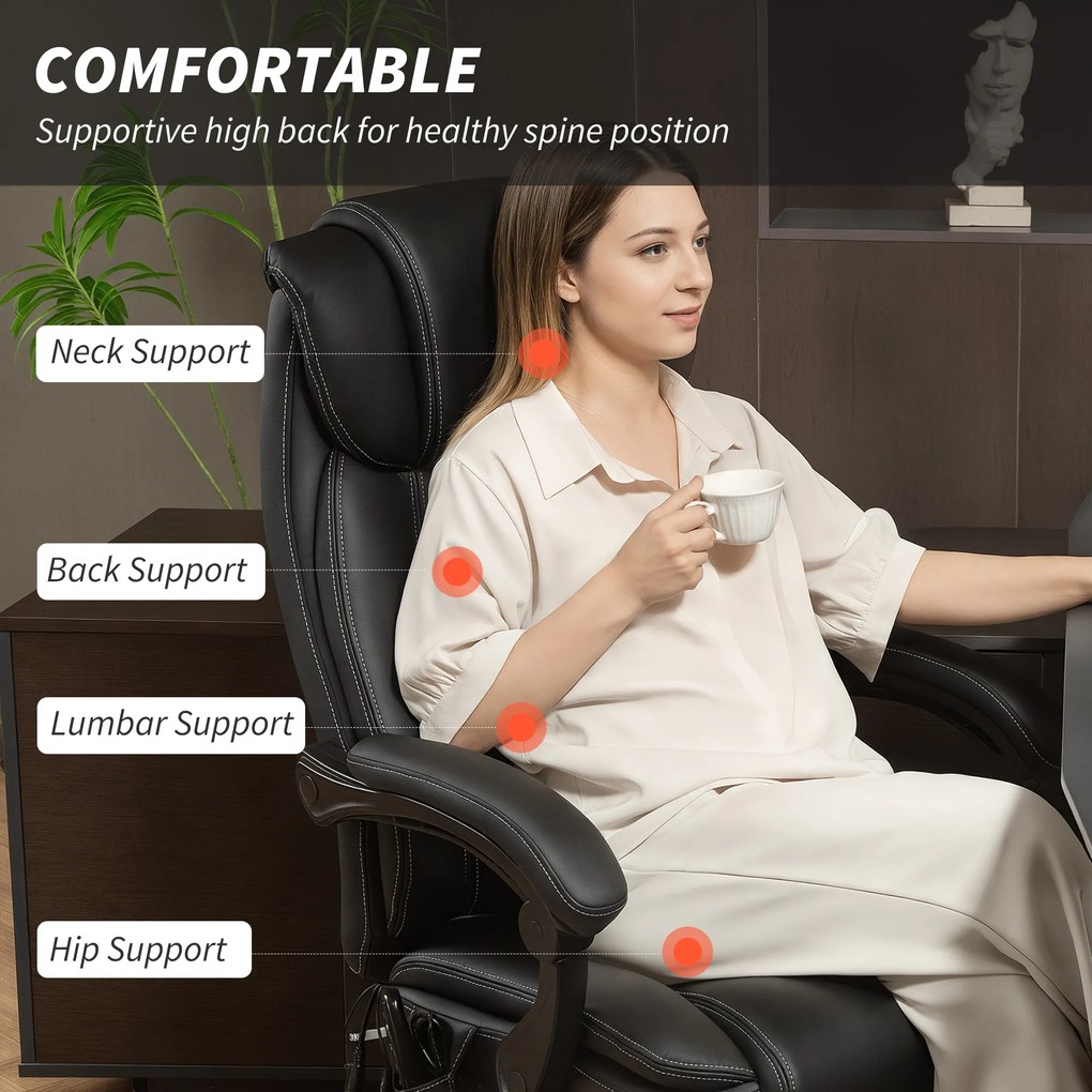 HOMCOM Fotel Biurowy Ergonomiczny z Funkcją Masażu, Podnóżkiem, Czarny Skórzany | Aosom PL