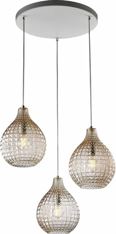 Lampa wisząca Diamante z białego żelaza i chromowanej ramy, regulowane kable, bursztynowe klosze z dmuchanego szkła z efektem kryształu, 3 światła