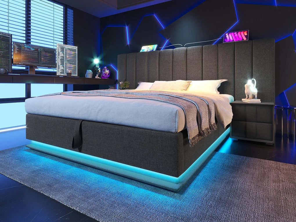 Łóżko tapicerowane z lnu 160×200cm - z LED i ładowaniem - z stelażem na listwach - Szare