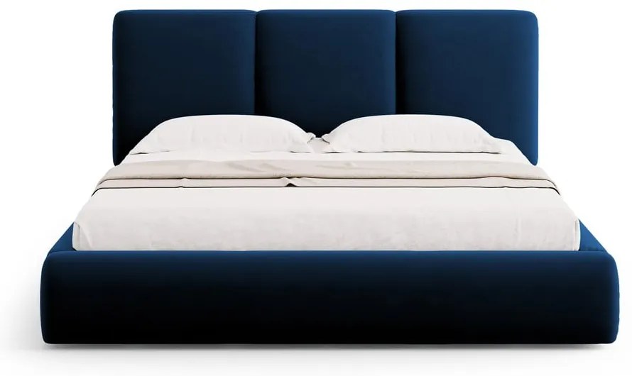 Ciemnoniebieskie aksamitne tapicerowane łóżko dwuosobowe ze schowkiem i stelażem 140x200 cm Brody – Mazzini Beds