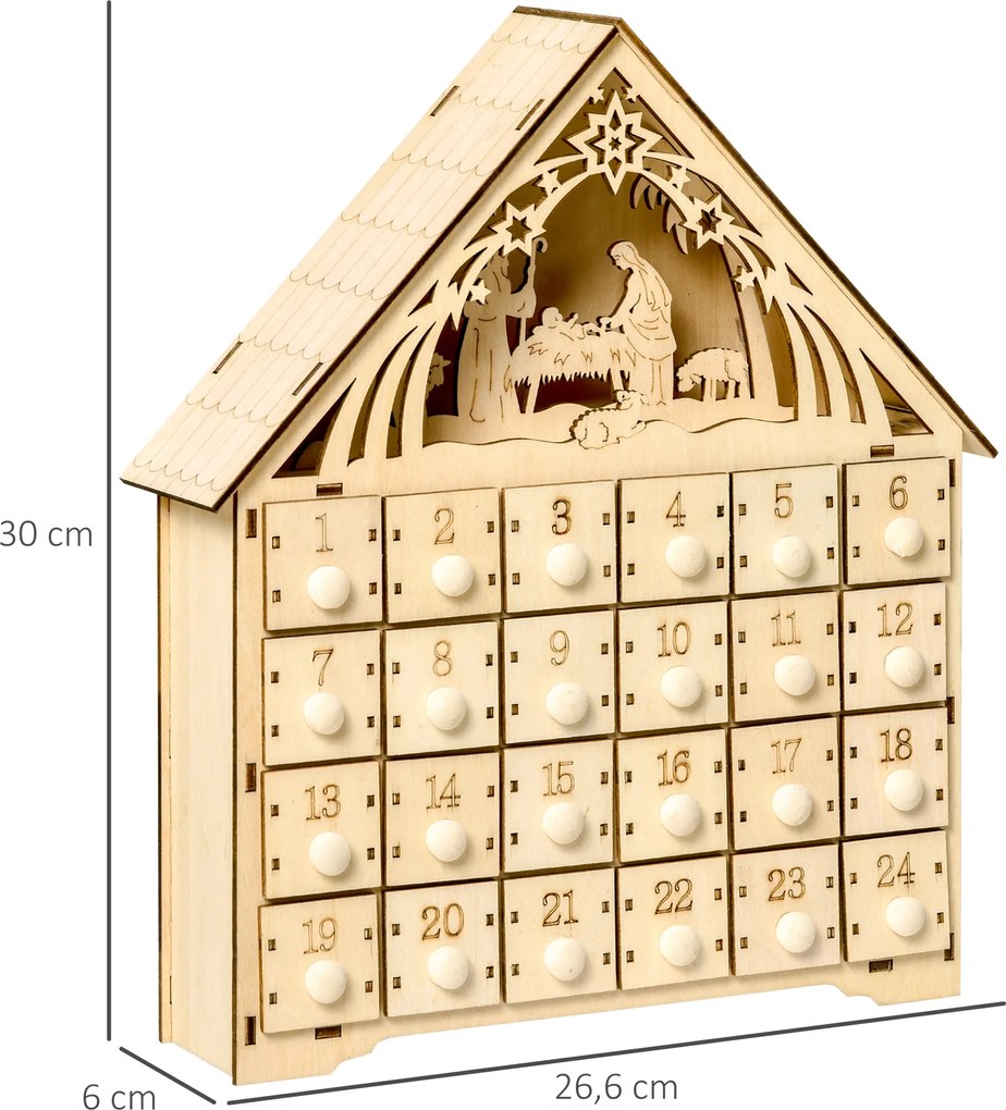 HOMCOM Kalendarz Adwentowy z Oświetleniem LED, 24 Szuflady, Scena Bożonarodzeniowa, 26,6x6x30 cm, Motyw Drewna