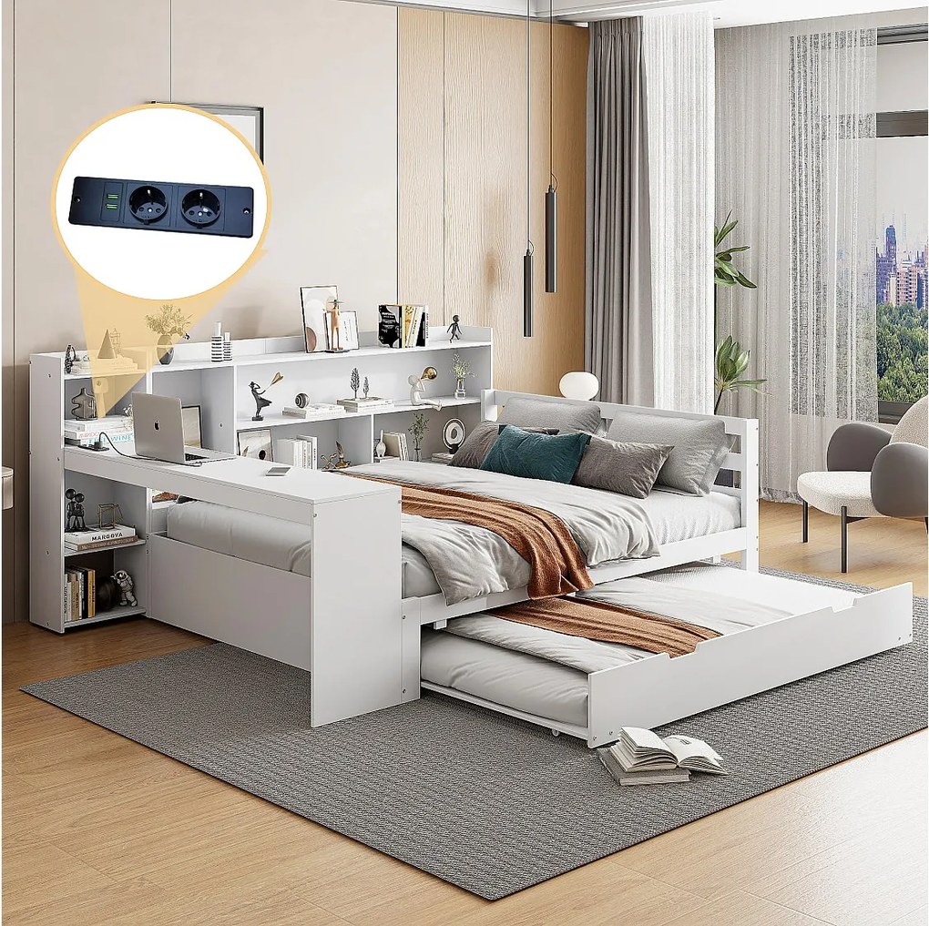 Łóżko wysuwane 140 x 200 cm + 90 x 190 cm - z biurkiem, przegródkami i portami USB - Sosna + sklejka + MDF - Białe