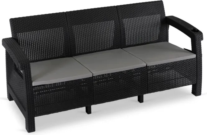 Sofa Ogrodowa FLINT Technorattan Czarna Trzyosobowa