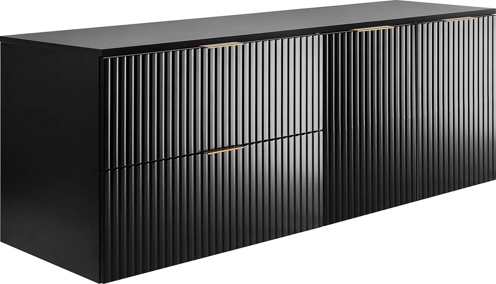 Zestaw łazienkowy: szafka z szufladami i szafka z drzwiami 57×46×160 cm, kolor: czarny / blat czarny, uchwyt złoty