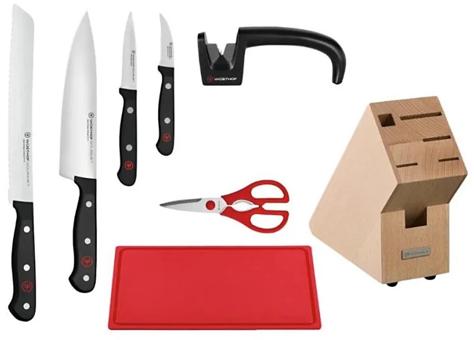 Wüsthof - Zestaw noży kuchennych GOURMET w bloku z ostrzałką i deską do krojenia, 8 szt.