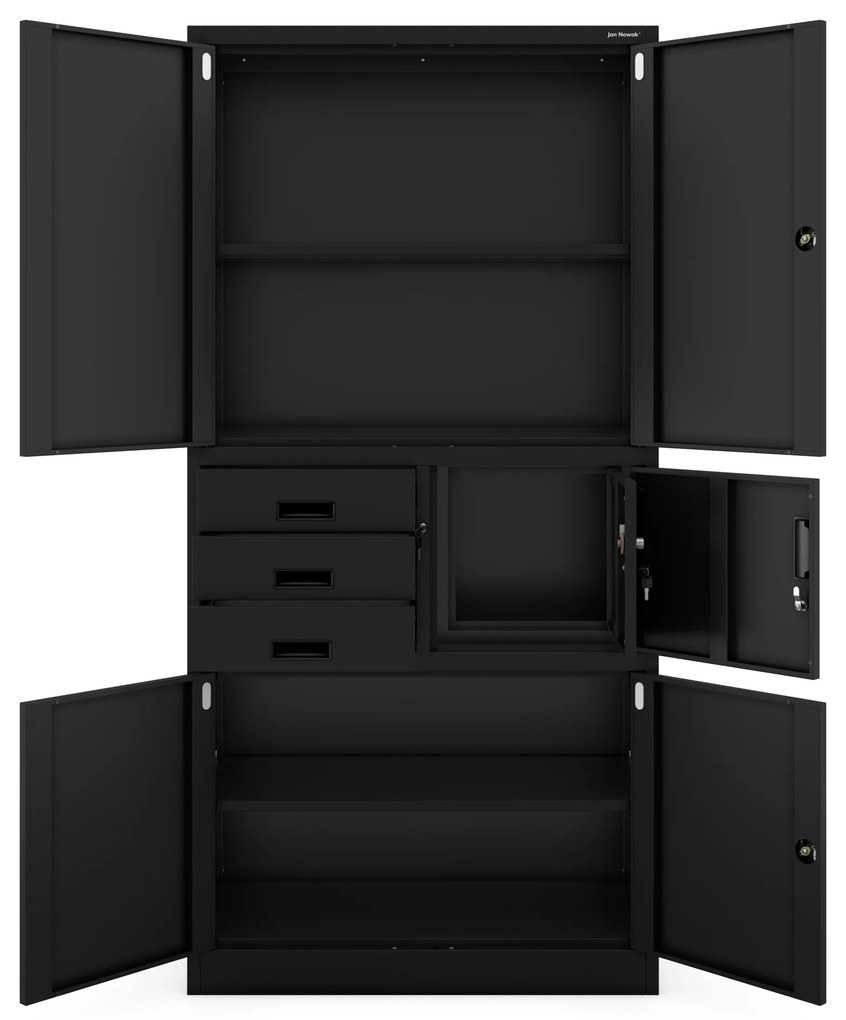 Szafa biurowa metalowa z sejfem i szufladami czarna, 900x1850x400 mm: FILIP II