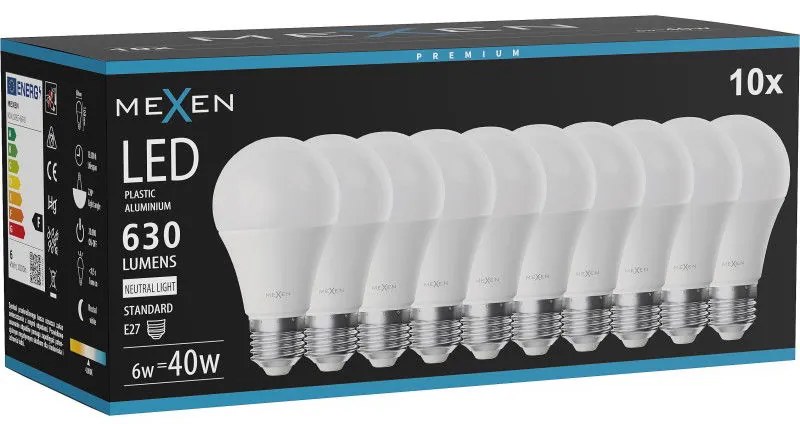 Mexen Nova 10x żarówka LED E27, A60, 6W, Neutralna  - 4000K, 630 lm - L100-E27-0640-01x10