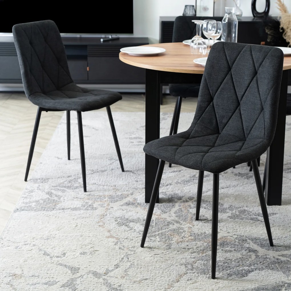 Zestaw Stół Okrągły Rozkładany HARRY 102-142 cm Dąb Craft/Czarny i 4 Krzesła Tapicerowane ROBIN 2 Czarne Nowoczesne