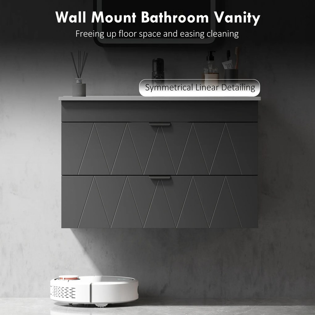 HOMCOM Szafka pod umywalkę Wisząca szafka z ceramiczną umywalką, Szuflady Soft-Close, Czarna