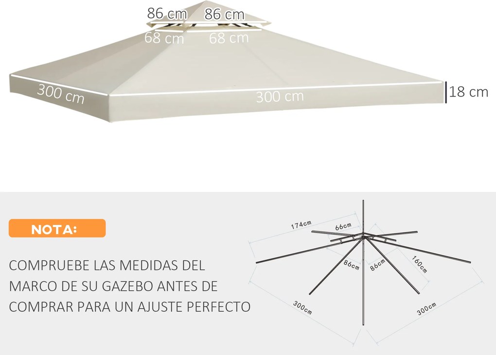 Outsunny Zapasowy Dach do Pawilonu Ogrodowego - Poliester, Kremowy Kolor, 3x3m - Ochrona przed Słońcem