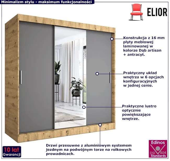 Szafa przesuwna dąb artisan + antracyt 200 cm - Massi 6X