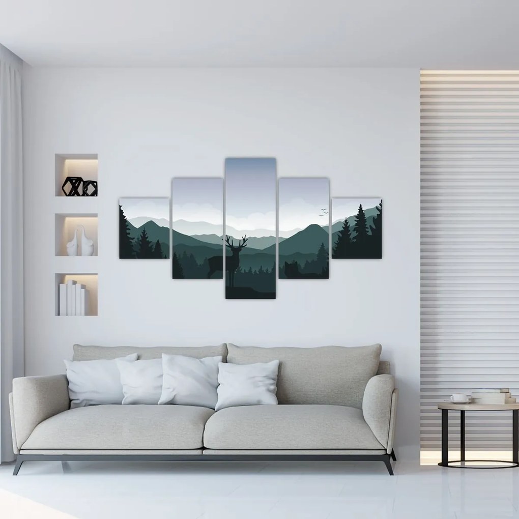 Obraz - Jeleń z wilkiem w skałach (125x70 cm)
