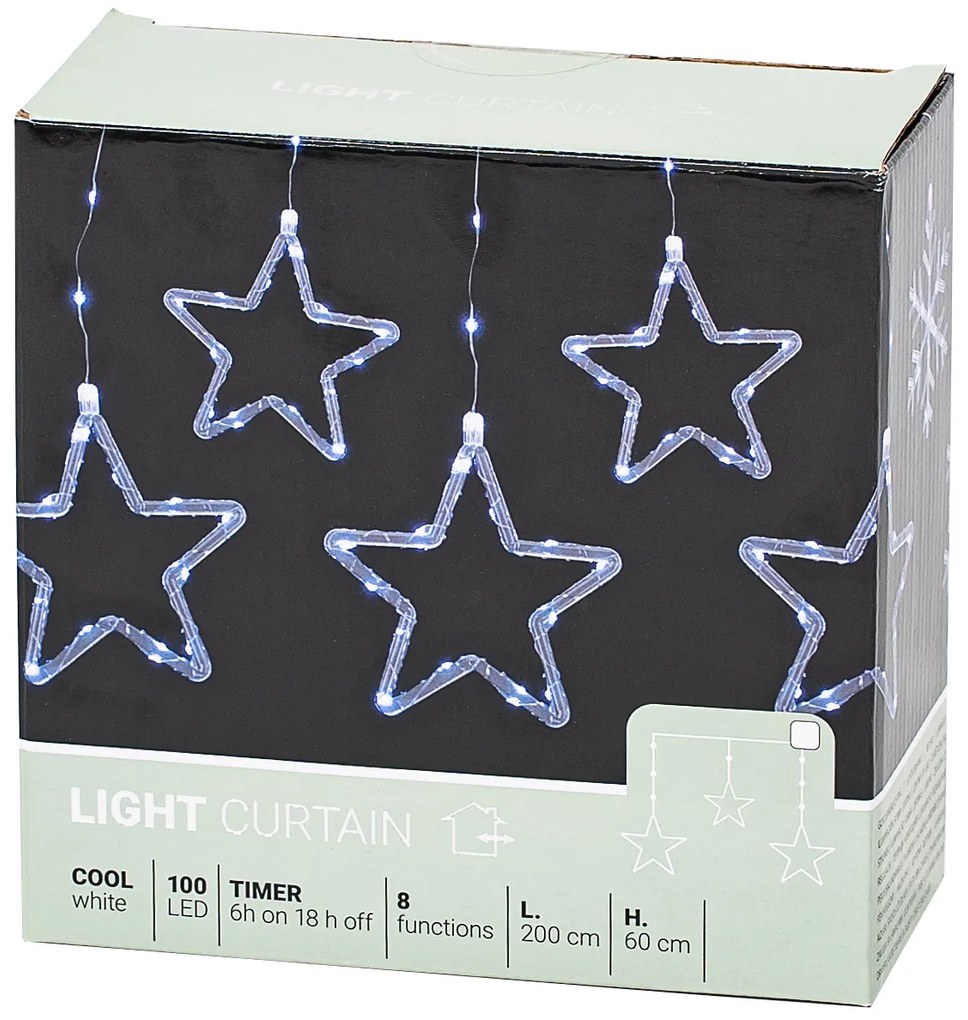Kurtyna świetlna zewnętrzna Stars, 200 x 60 cm, LED, biała, timer, 8 funkcji, na baterie, 200 cm