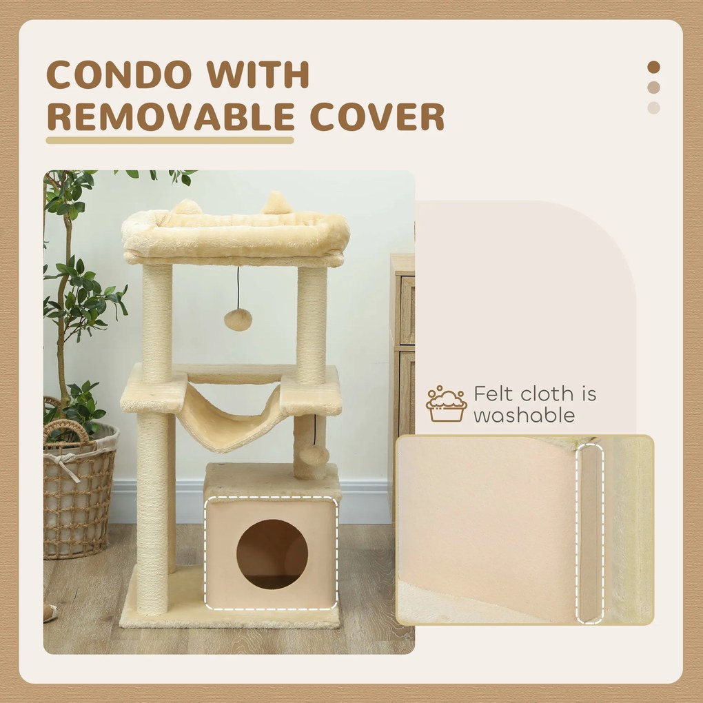 PawHut Drapak dla kota z zabawką, siedziskiem, hamakiem, 48 x 48 x 90 cm, kolor kremowy