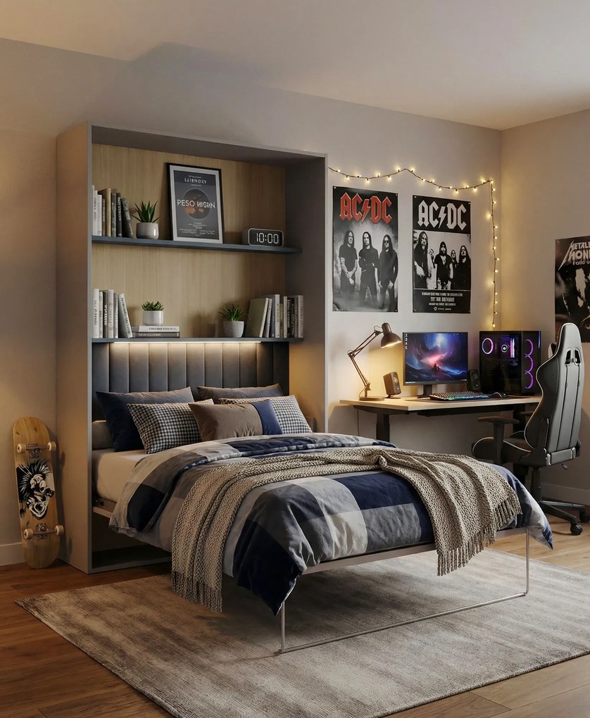 Łóżko chowane w ścianie dla nastolatka 120x200 kaszmir + niebieski A4-S65