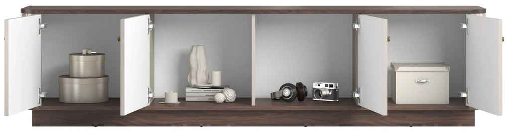 Szafka RTV Vesper 4D 187 cm na cokole - kaszmir / orzech / złote uchwyty