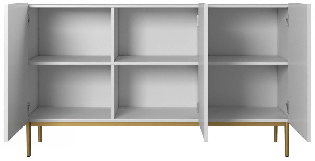 Komoda Nicole 150 cm trzydrzwiowa z ryflowanym frontem - biały mat / złote nóżki